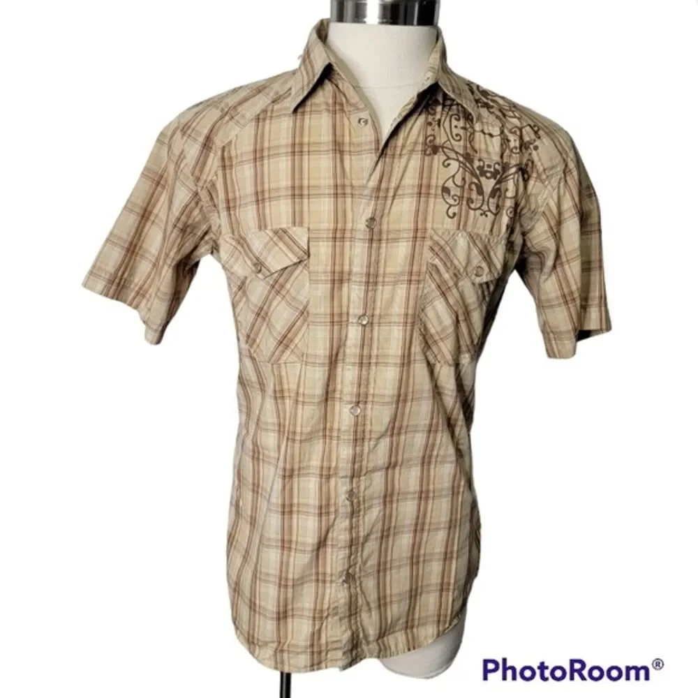 Demand Western brown plaid short sleeves shirt Size M button up casual * - Picture 4 of 8